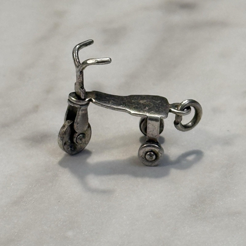 Vintage Sterling Silver Tricycle Moveable Wheels Kids Bike 1950's Signed